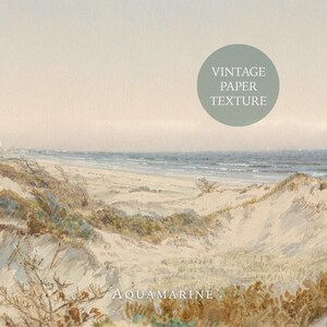 May include: Watercolor painting of a beach scene with sand dunes and ocean. The artwork has a vintage paper texture and features the text "Aquamarine" at the bottom and "Vintage Paper Texture" in a circle. The color palette includes beige, blue, and brown.