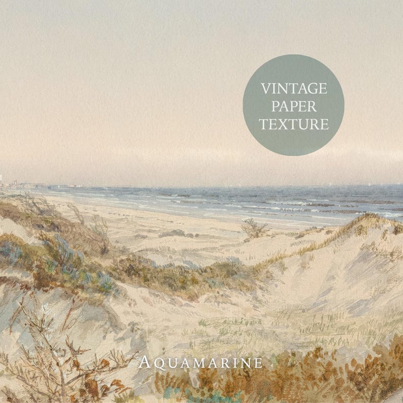 May include: Watercolor painting of a beach scene with sand dunes and ocean. The artwork has a vintage paper texture and features the text "Aquamarine" at the bottom and "Vintage Paper Texture" in a circle. The color palette includes beige, blue, and brown.