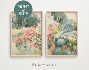 Landscape Set of 2 Prints, PRINT & SHIP, Spring Garden Painting, Vintage Landscape Wall Art, Living Room Wall Art, Cottage Decor