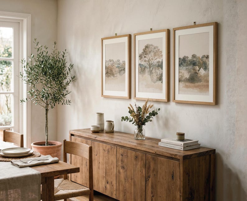 May include: Three framed landscape prints with watercolour-style images of trees and fields hang above a wooden sideboard. A potted olive tree and dining table with place settings are in the foreground, creating a warm, inviting interior. The room has a neutral colour palette.