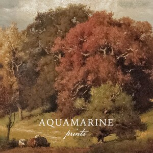 May include: An antique landscape painting featuring a field with grazing animals and trees with red, brown, and green foliage. The text "AQUAMARINE prints" is displayed in white at the bottom of the image.