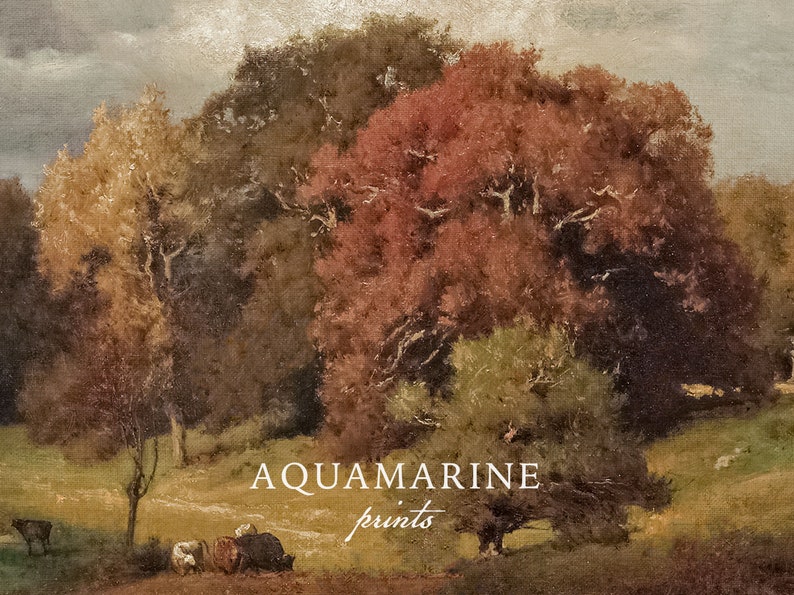 May include: An antique landscape painting featuring a field with grazing animals and trees with red, brown, and green foliage. The text "AQUAMARINE prints" is displayed in white at the bottom of the image.