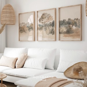 Landscape Set of 3 Prints, Neutral Landscape Painting, Living Room Decor, Vintage Cottage Wall Art, Farmhouse Art
