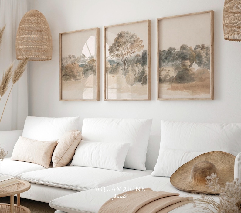 Landscape Set of 3 Prints, Neutral Landscape Painting, Living Room Decor, Vintage Cottage Wall Art, Farmhouse Art
