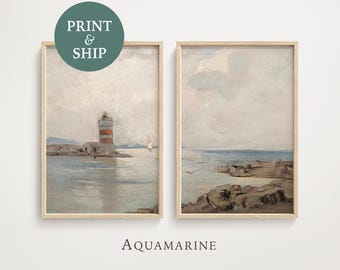 Lighthouse Coastal Wall Art Set, Coastal Set of 2 Prints, Pastel Coastal Diptych, Mailed Wall Art