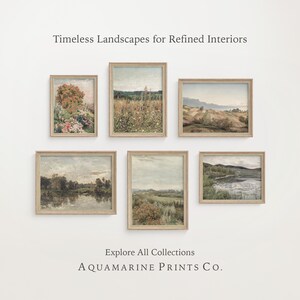 May include: Six framed landscape art prints in neutral tones are displayed on a white wall. The prints feature scenes of fields, trees, and water, with the text "Timeless Landscapes for Refined Interiors" and "AQUAMARINE PRINTS CO."