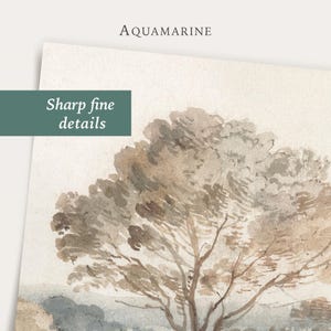 May include: A watercolour painting of a tree with a light brown trunk and branches, and a full crown of leaves in shades of brown and grey. The painting has a soft, muted colour palette. The text "AQUAMARINE" and "Sharp fine details" are visible.