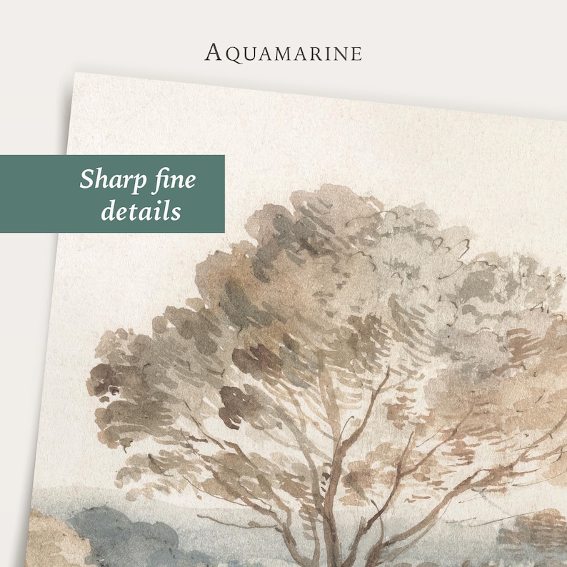 May include: A watercolour painting of a tree with a light brown trunk and branches, and a full crown of leaves in shades of brown and grey. The painting has a soft, muted colour palette. The text "AQUAMARINE" and "Sharp fine details" are visible.
