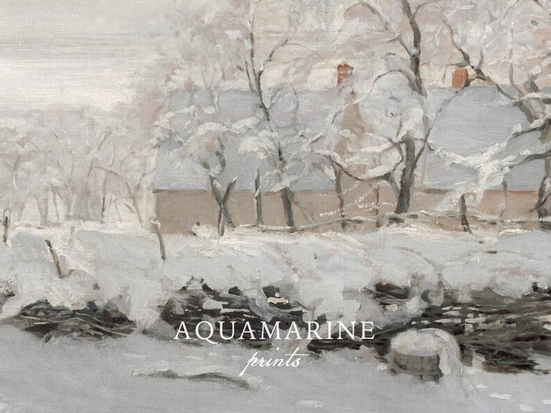Dipinto di paesaggio invernale, decorazioni natalizie rustiche, arte murale sui toni del bianco, arte invernale vintage stampabile, ARTE MURALE STAMPABILE - LS118 immagine 2
