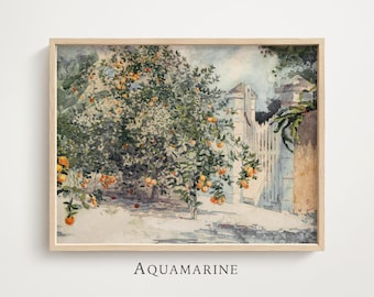 May include: Watercolor print of an orange tree laden with fruit, set against a white picket fence and stone wall. The artwork is framed in a light wood frame. The word "AQUAMARINE" is printed at the bottom.