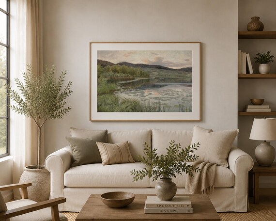 Peaceful Wall Art, Lake House Wall Decor, Peaceful Natural Scenery, Nature Vintage Painting, DIGITAL DOWNLOAD - LS130