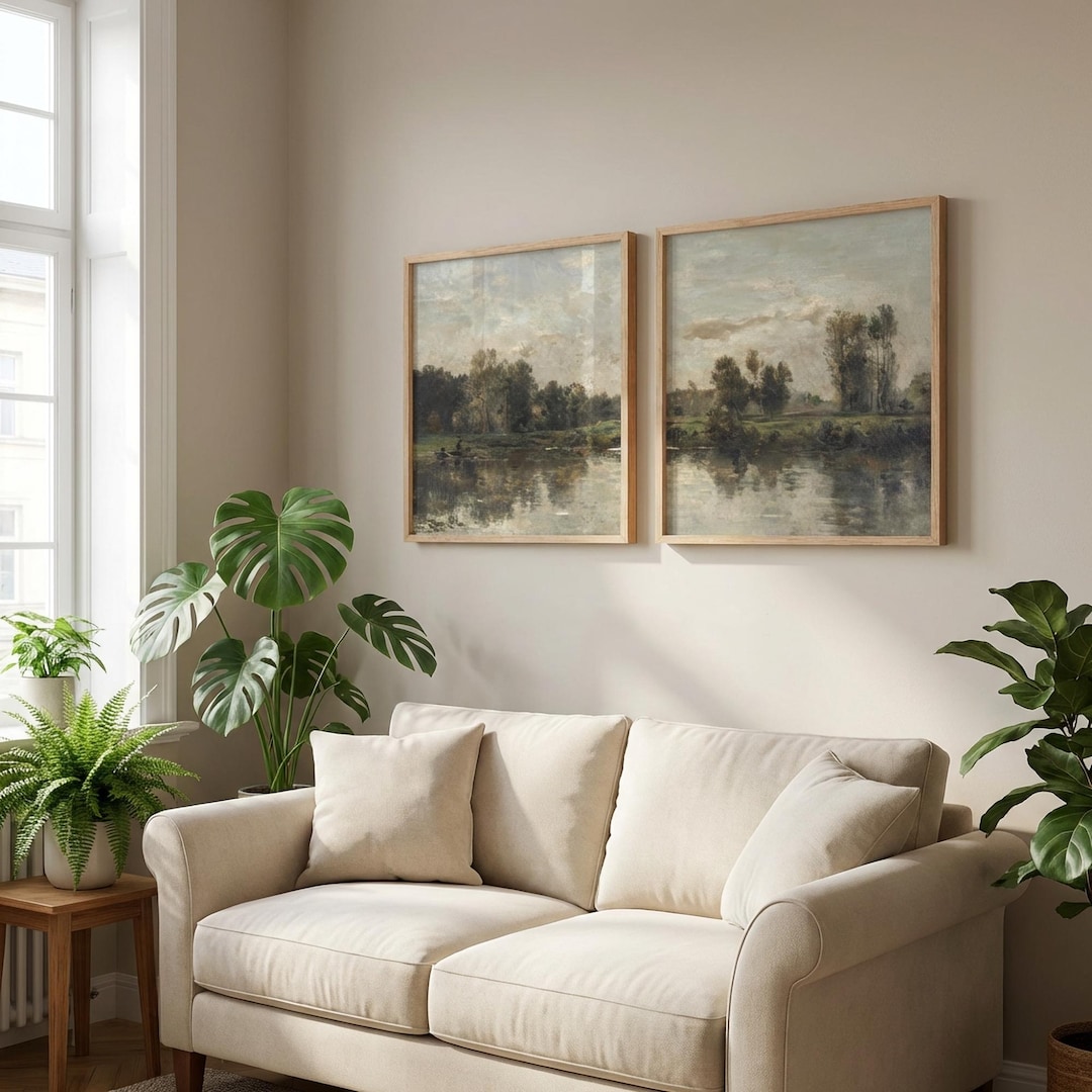 Landscape Set of 2 Prints, Vintage Square Landscape Painting