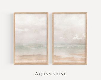 Conjunto de 2 impresiones de playa silenciadas, pintura de Ocean Beach, arte de pared imprimible costero, arte minimalista de pared neutral, DESCARGA INSTANTE - SE082