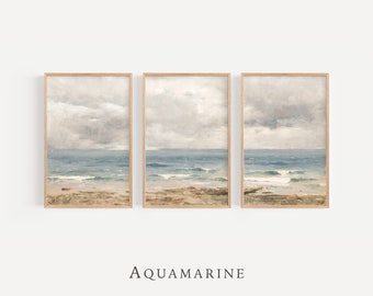 Beach Landscape Set of 3 Prints, Vintage Ocean Painting, Set of 3 Coastal Prints, Pastel Tones Printable Wall Art, DIGITAL DOWNLOAD - SE166T
