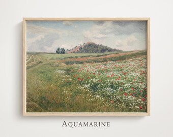 Blooming Meadow Landscape, Poppy Flowers Print, Pastel Nature Wall Art, Digital Download, LS070