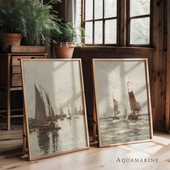 Sailboats Print Set, Coastal Wall Art, Set of 2 Prints, Sailboat Painting, Nautical Wall Art, Vintage Seascape, DIGITAL DOWNLOAD - SE121D