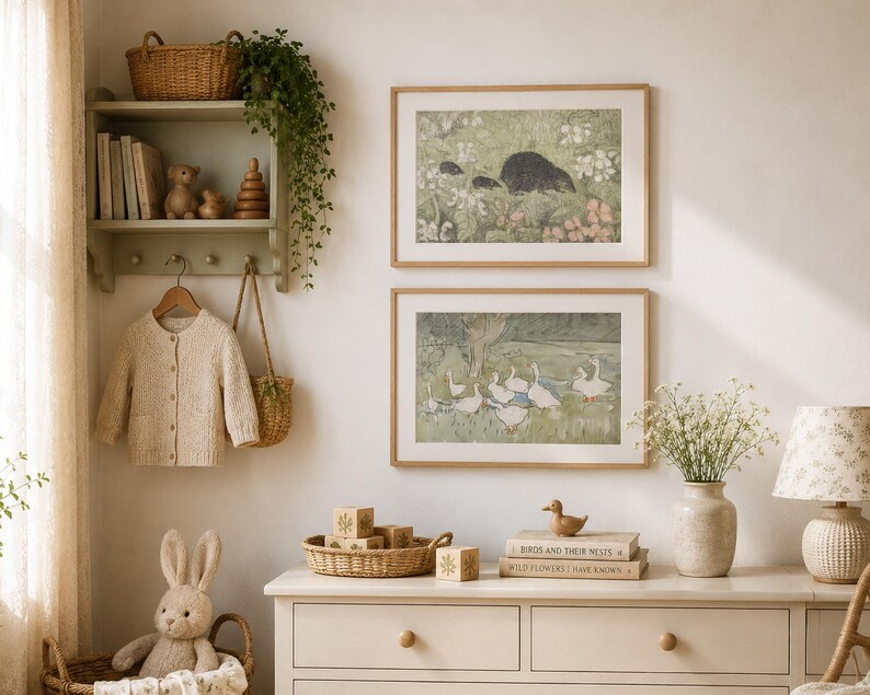 May include: A cozy nursery scene with a light green shelf holding books, wooden toys, and a hanging beige cardigan. Two framed nature prints and a dresser with a basket of blocks and a stuffed bunny complete the room's decor.