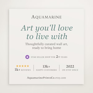 May include: A white square graphic with the text "AQUAMARINE" at the top, followed by "Art you'll love to live with." Below, it reads "Thoughtfully curated wall art, ready to bring home." Includes "Star Seller Shop for 2+ years."