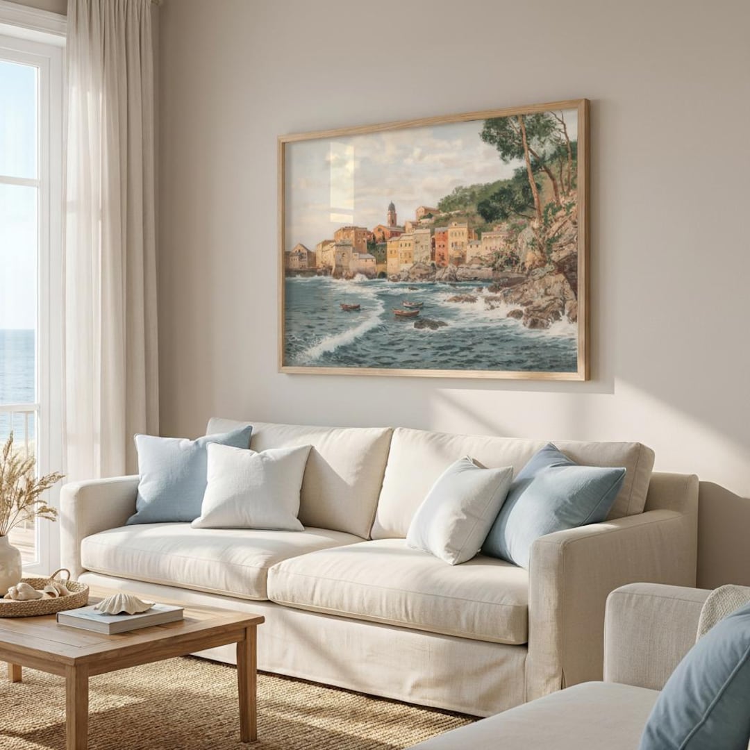Cinque Terre Coastal View Painting, Italy Print, Italian Riviera