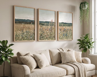Set of 3 Prints, Wildflowers Field Print Set of 3, Vintage French Summer Wall Art, Neutral Tones Wall Art, DIGITAL DOWNLOAD - LS170