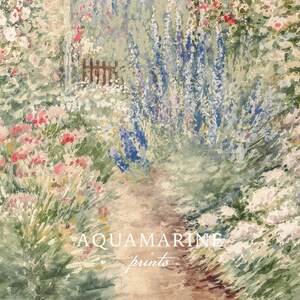 May include: Watercolor painting of a garden path lined with colorful flowers. Pink, red, white, and blue blooms frame a path leading to a small wooden gate. The text "AQUAMARINE prints" is at the bottom.