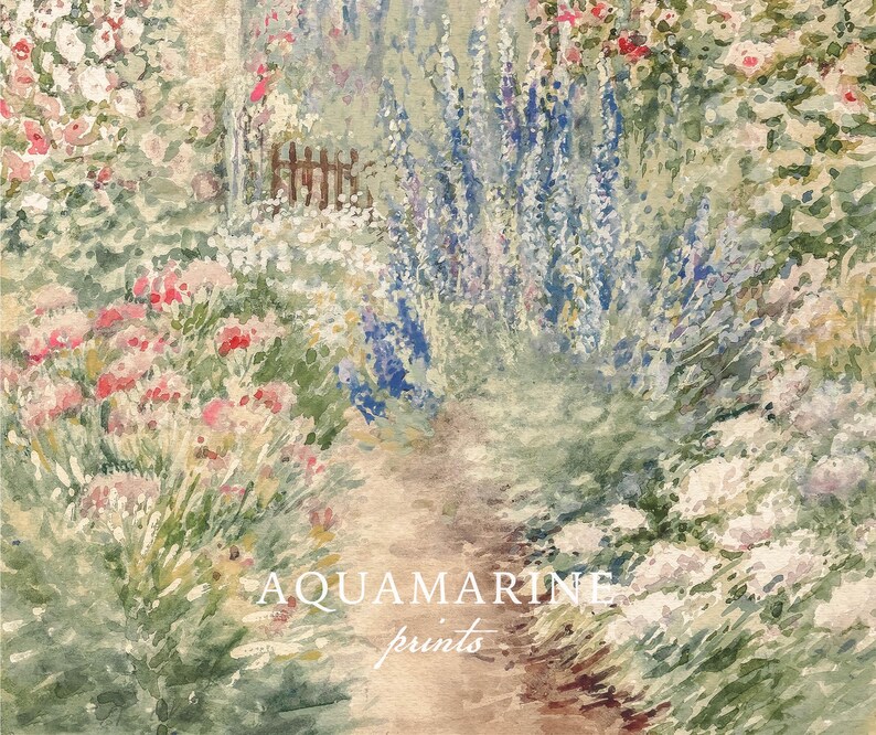 May include: Watercolor painting of a garden path lined with colorful flowers. Pink, red, white, and blue blooms frame a path leading to a small wooden gate. The text "AQUAMARINE prints" is at the bottom.