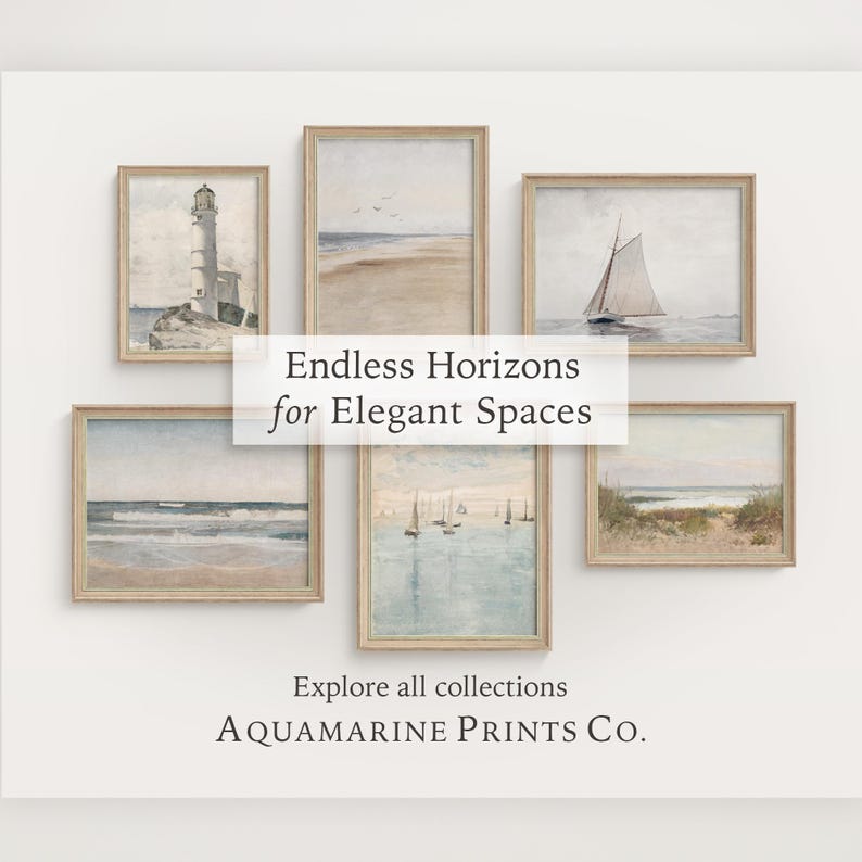 May include: A set of framed coastal art prints depicting beach and ocean scenes. The prints show a lighthouse, sailboats, and waves. The text "Endless Horizons for Elegant Spaces" and "AQUAMARINE PRINTS Co." are displayed.
