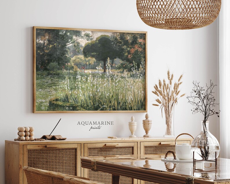 Spring Meadow Painting, Vintage Spring Landscape Painting, Summer Garden Print, Summer Landscape Wall Art, Cottage Decor, DIGITAL DOWNLOAD