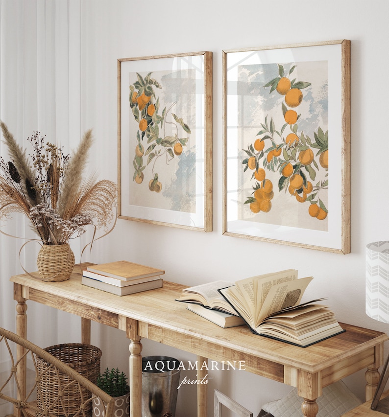 PRINT & SHIP, Orange Tree Vintage Art, Set of 2 Prints, Orange Tree Print, Mediterranean Wall Art, Vintage Kitchen Printed Wall Art, Mailed Art Print, Minimalist Wall Art, Printed Shipped, Summer Cottage Print, Beach House Wall Art, French Cottage