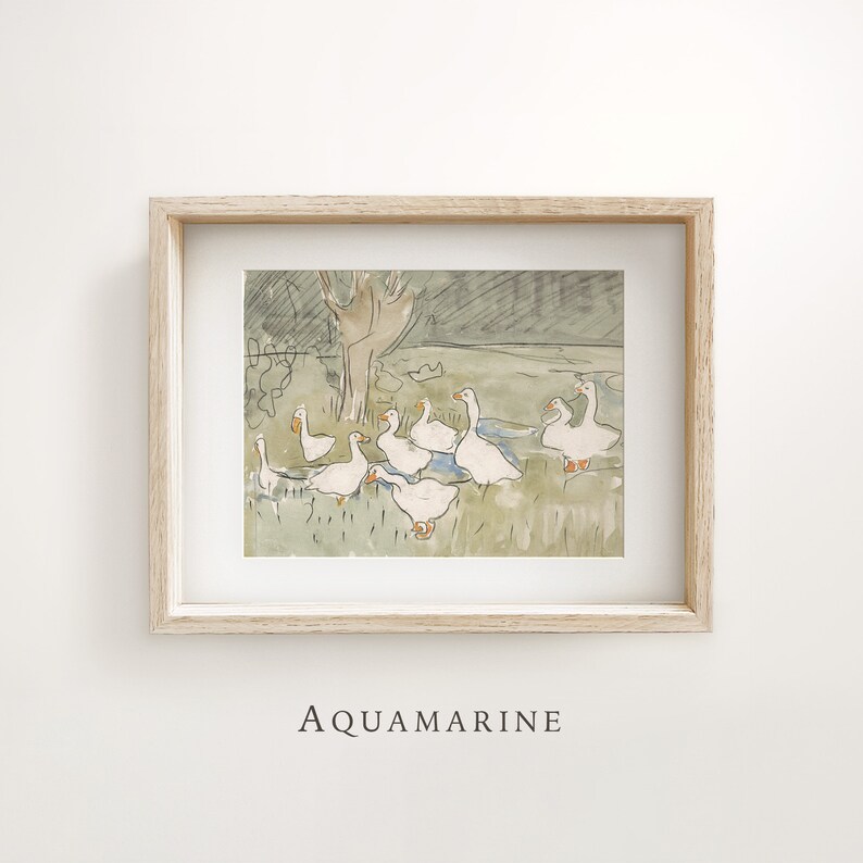 May include: Watercolor print of a flock of white geese in a grassy field, with a tree in the background. The artwork is framed in a light wood frame and includes the word "AQUAMARINE" at the bottom.