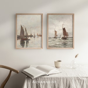Sailboats Print Set, Coastal Landscape, Set of 2 Prints, Sailboat Painting, Nautical Wall Art, Vintage Seascape, DIGITAL DOWNLOAD - SE121D
