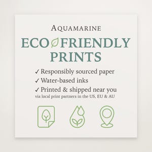 May include: A white square with the text "AQUAMARINE ECO FRIENDLY PRINTS" in green. The text lists features like responsibly sourced paper and water-based inks. Green icons of a leaf, a drop, and a location marker are at the bottom.