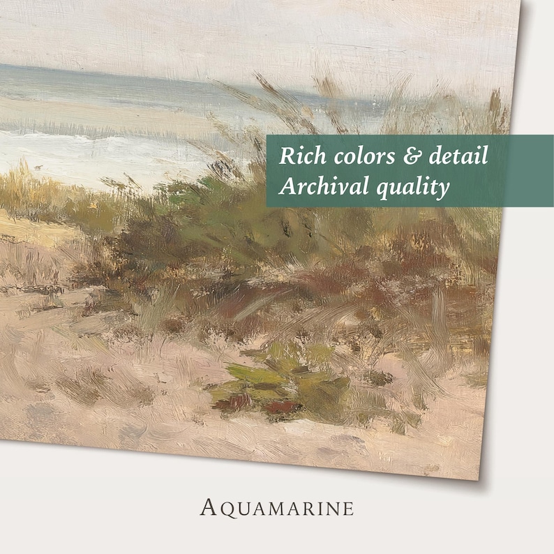 May include: An aquamarine-themed painting of a beach scene. The artwork features a sandy foreground, green and brown grasses, and a light blue sky. The text "Rich colors & detail, Archival quality" is displayed on the painting. The word "AQUAMARINE" is at the bottom.