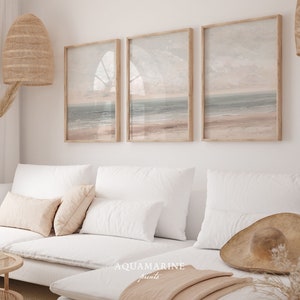 Minimalist Coastal Wall Art, Pastel Landscape Set of 3 Prints, Neutral Coastal Wall Art, Cottage Wall Decor, Mailed Art Prints, PRINT & SHIP