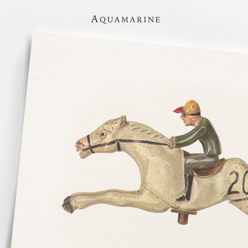 May include: A vintage print of a cream-coloured wooden horse with a jockey. The jockey is dressed in a green jacket, yellow helmet, and red cap. The horse has the number "20" painted on its side. The word "AQUAMARINE" is at the top.