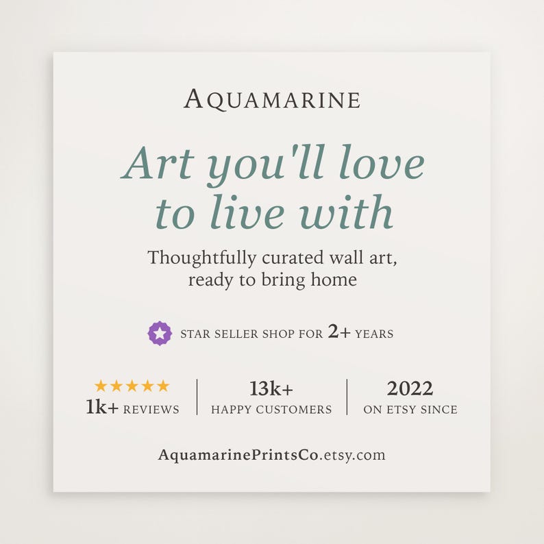May include: A white square graphic with the text "AQUAMARINE" at the top, followed by "Art you'll love to live with." Below, it reads "Thoughtfully curated wall art, ready to bring home." Includes "Star Seller Shop for 2+ years."