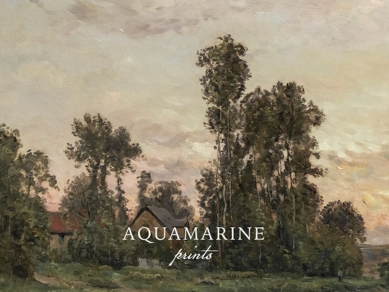 Puede incluir: Una pintura de paisaje de estilo antiguo que representa una puesta de sol sobre un campo con &aacute;rboles y una peque&ntilde;a casa. El texto "AQUAMARINE prints" se muestra en la parte inferior central de la imagen. La paleta de colores incluye verdes, marrones y amarillos suaves.