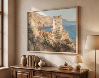 Cinque Terre schilderij kustgezicht, Italië print, landschap Italiaanse Rivièra, mediterrane muurkunst, digitale download, IT015
