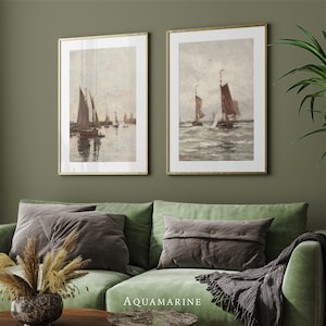 Sailboats Print Set, Coastal Landscape, Set of 2 Prints, Sailboat Painting, Nautical Wall Art, Vintage Seascape, DIGITAL DOWNLOAD - SE121D