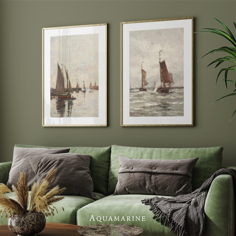 Sailboats Print Set, Coastal Landscape, Set of 2 Prints, Sailboat Painting, Nautical Wall Art, Vintage Seascape, DIGITAL DOWNLOAD - SE121D
