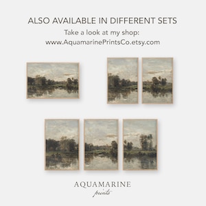 May include: A collection of framed landscape art prints. The artwork depicts a serene river scene with trees and a cloudy sky. The prints are in neutral tones and are available in different sets. Text on the image reads: "ALSO AVAILABLE IN DIFFERENT SETS" and "AQUAMARINE prints."