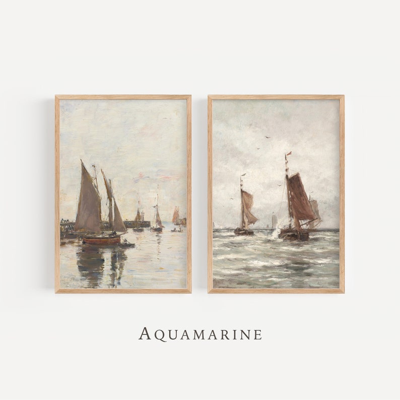 Sailboats Print Set, Coastal Landscape, Set of 2 Prints, Sailboat Painting, Nautical Wall Art, Vintage Seascape, DIGITAL DOWNLOAD - SE121D