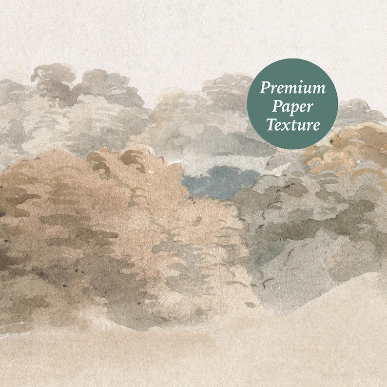 May include: A watercolour landscape painting featuring trees in brown, grey, and beige tones. The artwork has a textured finish and a soft, muted colour palette. A green circle with the text "Premium Paper Texture" is in the upper right.