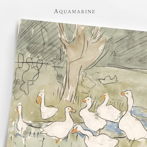 May include: Watercolor painting featuring a flock of white geese with orange beaks and feet, gathered near a body of water. The artwork has a soft, muted color palette with green and blue tones, and the word "AQUAMARINE" is printed at the top.