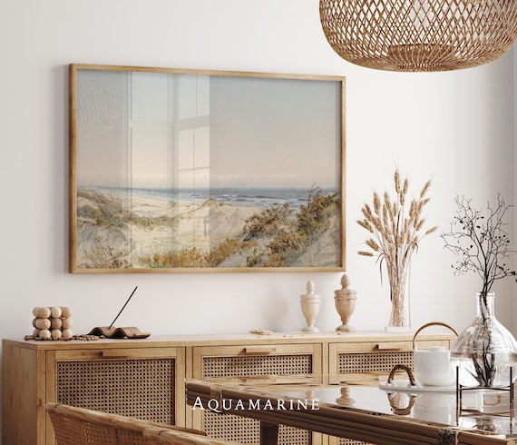 Coastal Beach Landscape, Neutral Seaside Painting: Beach Cottage Wall Decor, Digital Download, SE039