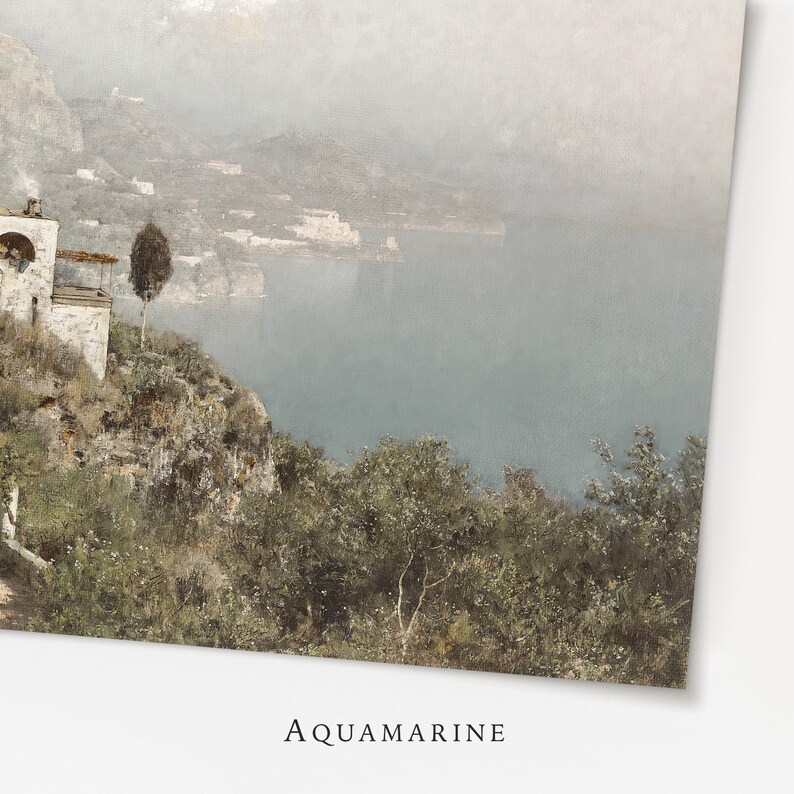 May include: A coastal landscape painting in aquamarine tones shows buildings on a cliff, overlooking a calm sea. The artwork uses muted colours, with lush greenery in the foreground and a hazy sky. The word "AQUAMARINE" is printed at the bottom of the image.