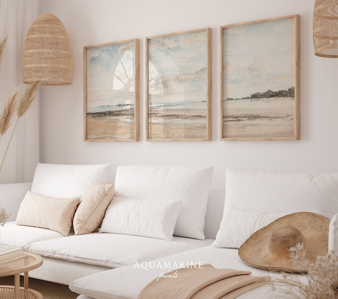 Neutral Coastal Wall Art, Muted Beach Prints Set of 3, Beach Painting ...