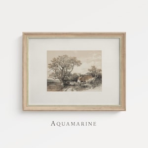 Landscape Print, Neutral Landscape Art Print, Countryside Landscape Painting, Farmhouse and Cottage Wall Art, INSTANT DOWNLOAD - DS032