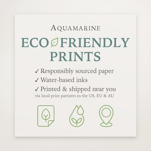 May include: A white square featuring the text "AQUAMARINE ECO FRIENDLY PRINTS" in green. The text highlights responsibly sourced paper and water-based inks. Green icons of a leaf, a drop, and a location marker are at the bottom.