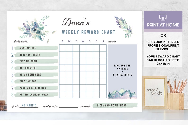 PRINTABLE REWARD CHART Editable Chore Chart Instant Download Canva Purple Floral Reward Chart ...